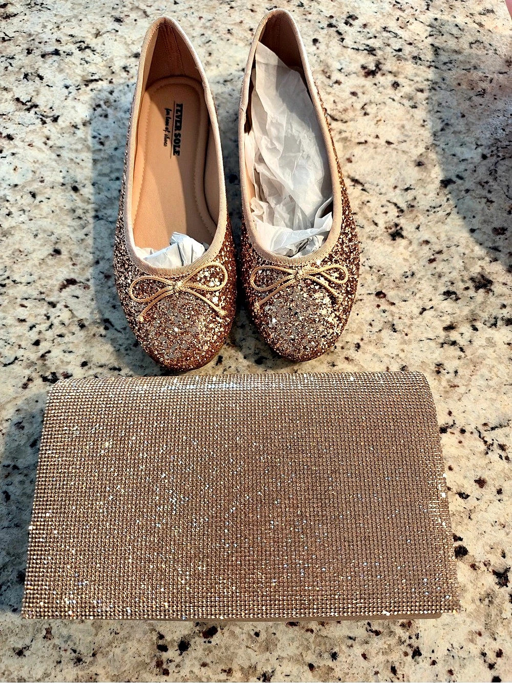 Rise gold Glitter Ballet Flats EU 38 & Clutch Like New